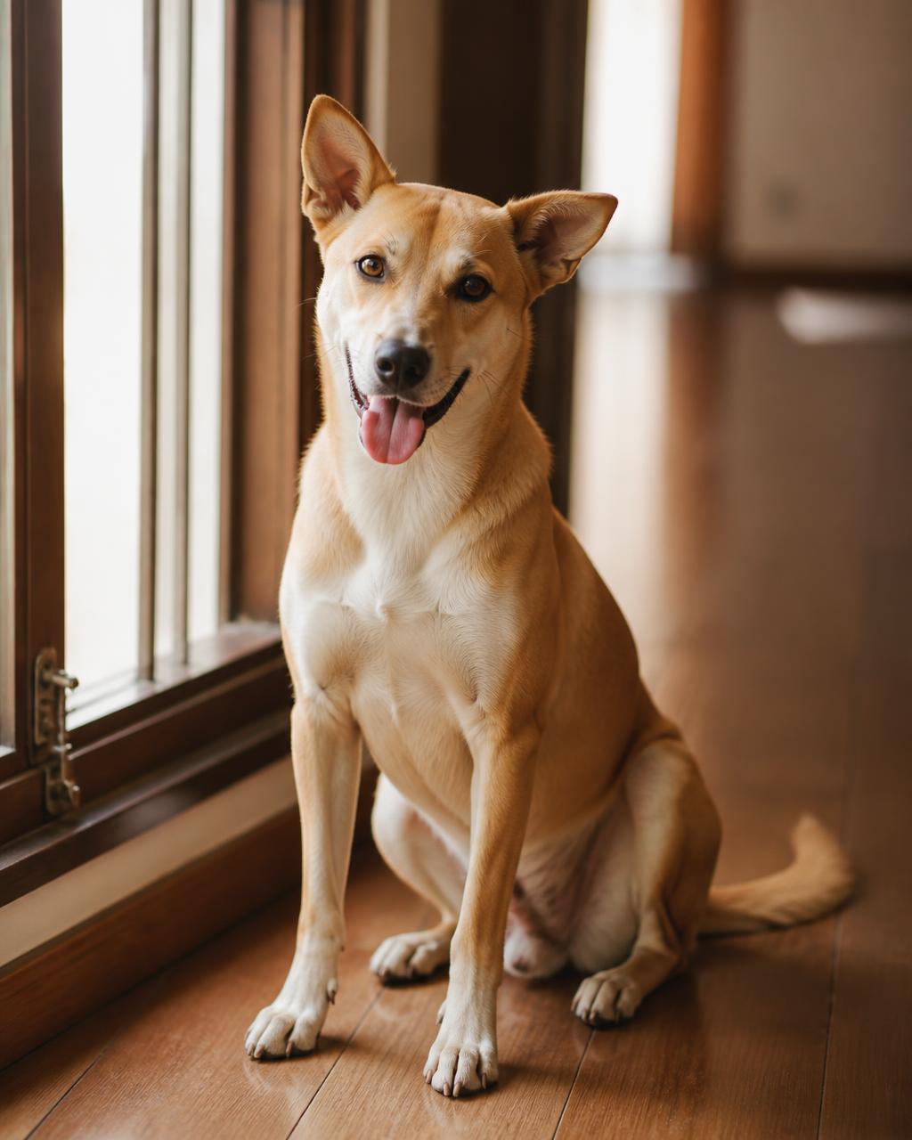 A happy dog sitting by a window