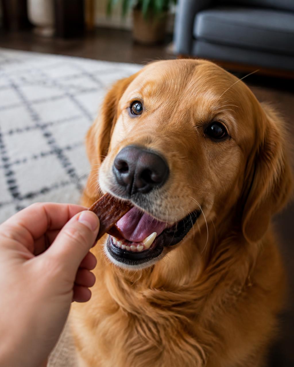 A dog taking a chicken jerky treat